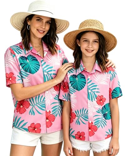 Image of SANGTREE Girls & Women's Hawaiian Shirts Button Down Short Sleeve Floral Tropical Shirt Beach Vacation Blouse Tops