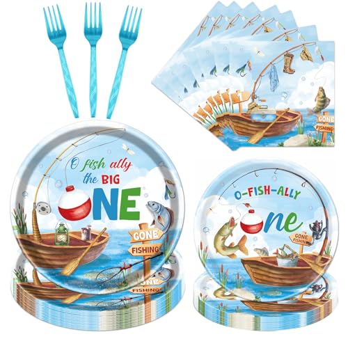 Rakuto Ofishally One Birthday Party Decorations, 96Pcs O Fishally One First Bday Paper Plates and Napkins Tableware Decoration Gone Fishing 1st Forks Decor Fish Themed 1 Years Old Supplies, Serve 24