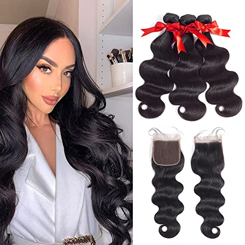 Human Hair Brazilian Body Wave 3 Bundles With Closure (4 Piece Set (20 22 24+20 Inch), Body Wave 3 Bundles With Closure)