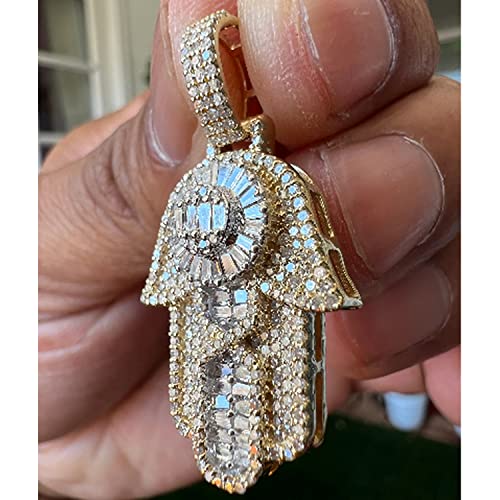 Tgdj 10K Yellow Gold Diamond Hamsa Hand Pendant For Men And Women | Real Solid Gold Round Cut White Diamond Evil Eye Protection Charm Pendants 1.5 Ct | Gif For Him | Custom Jewelry #TOP2