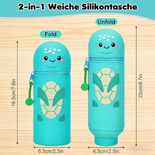 LVZONGXIN Kawaii Federmäppchen Schildkröte, 2-in-1 Weiche Silikontasche - Tischstifthalter, Reißverschluss, Silikon, Stiftetasche Buntstifte Marker, H 18,5 cm