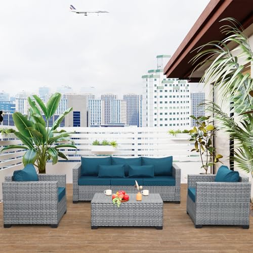 Lviden 4 Piece Wicker Patio Furniture Sets Outdoor Conversation Set PE Rattan Sectional Sofa Couch with Storage Table and Peacock Blue Cushions