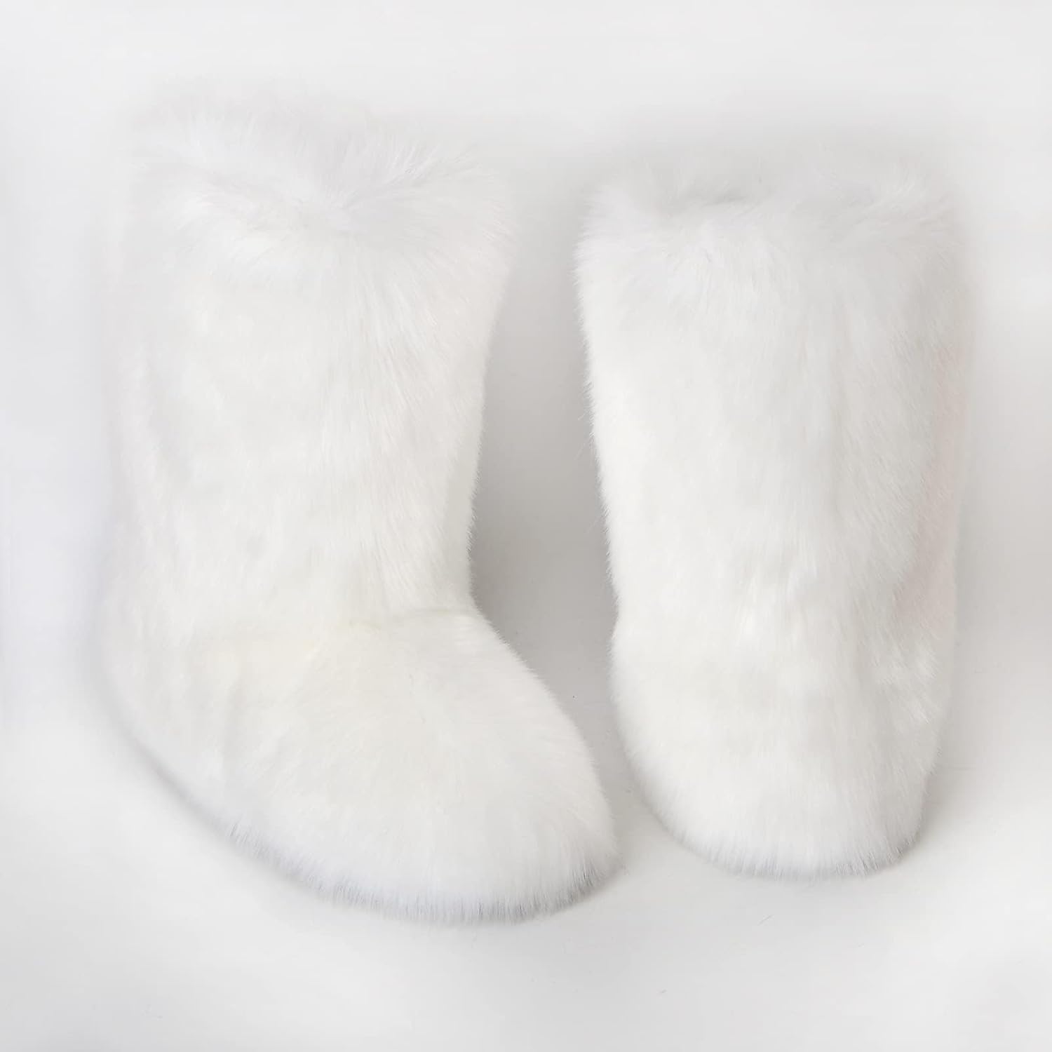 QMFUR Women's Furry Faux Fur Boots Fuzzy Fluffy Mid Calf Snow Boots Suede Warm Fur Lined Booties Flat Fashion Boots