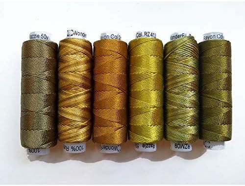Sue Spargo Lustrous Razzle Rayon Thread, Size #8 - Set of Six 50yd Spools for Embroidery & Embellishment (Bracken)