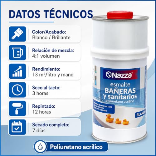 Miniatura 6 de Nazza Esmalte Para Bañera De Dos Componentes - Pintura Para Bañeras Y Sanitarios De Color Blanco En 1l - Kit De Reparación De Bañera 800ml 200ml A B - Acabado Brillante