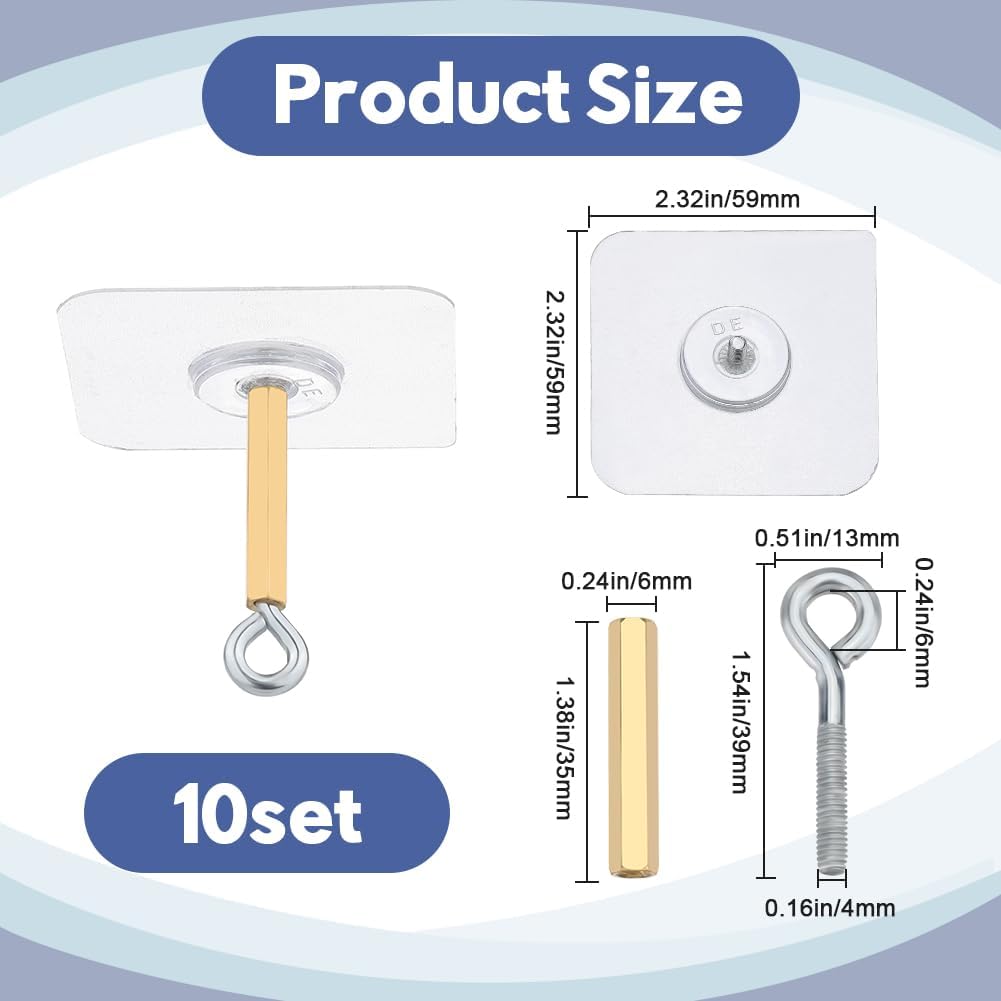 GORGECRAFT 10 Sets Adhesive Ceiling Hooks 11Ib(Max) Plastic Platinum Utility Wall Mount No Drill Closed Sticky Hangers Iron Screw Brass Column Hook for Hanging Lantern Chandelier Light Wind Chime