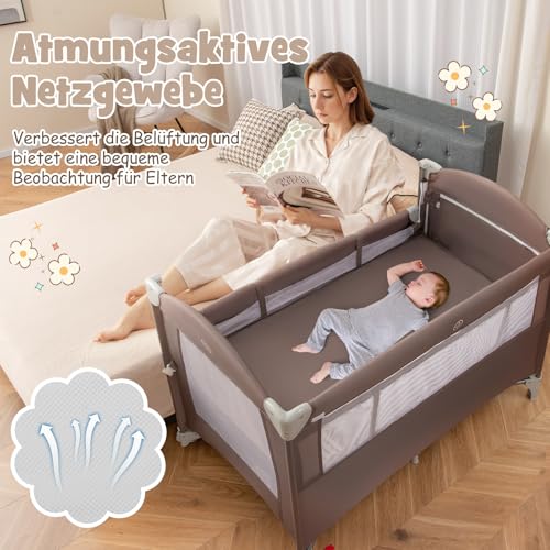 COSTWAY Łóżko pomocnicze 5 w 1, składane, łóżko turystyczne z materacem | 2-poziomowe łóżeczko dziecięce z rolkami, łuk