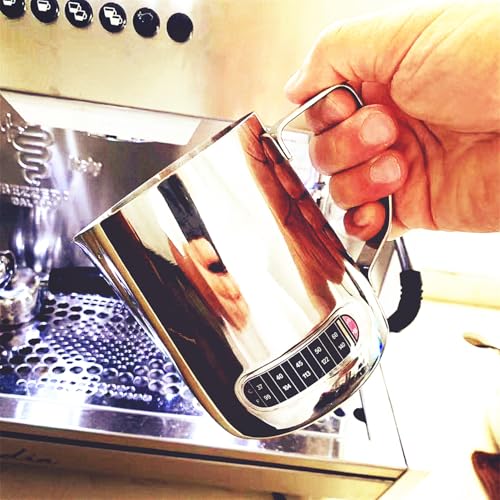 600ml Milchkännchen Edelstahl Handheld Aufschäumkännchen,Kaffee Creamer Milch Aufschäumer Kännchen Tasse mit Latte Art Pen,Milchkännchen für Barista Cappuccino Espresso (mit integriertem Thermomete)