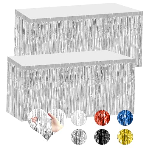 Bouiexye 2 Pack 29.5x108 Inch Silver Foil Tinsel Fringe Table Skirts, Disposable Table Skirts for Rectangle Tables Curtains Backdrop Parade Wedding Floats Baby Shower Birthday Mardi Gras Party