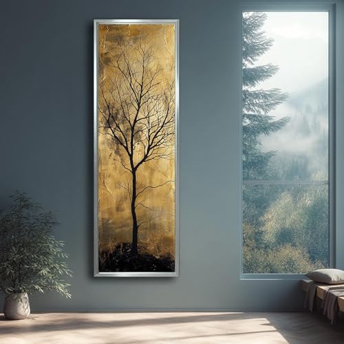 Tableau abstrait pour grand mur vide avec toile arbre doré 50x150 - 2