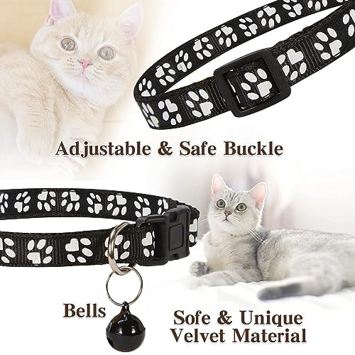 Image of Footprint Cat Collar with Bell Basic Dog Cat Collar I Buckle Adjustable Polyester Cat Dog Collar I with Bell 10 MM (Black Color)