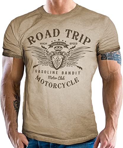 Gasoline Bandit Biker Racer męski T-shirt Used Look: Road Trip, sprany piasek, XL