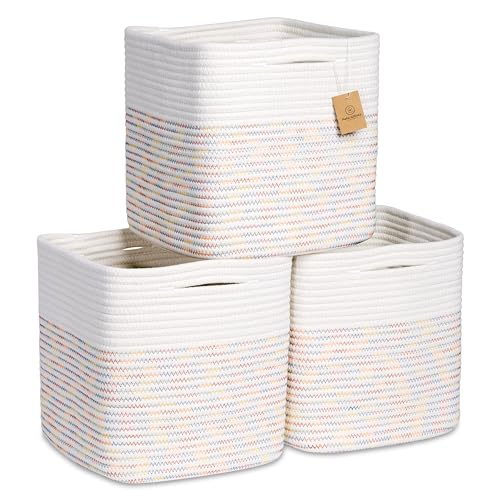 Image of NaturalCozy Storage Cubes 11 Inch Cotton Rope Woven Baskets for Organizing, 3-Pack | Cube Storage Bin | Square Storage Baskets for Shelves Organizer, Classroom, Kids Toy Bins, Closet, Baby Nursery