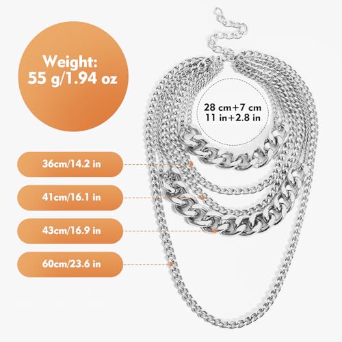 Chunky Silver Necklace, Layered Silver Chunky Necklace, Trendy Punk 80s Hip Hop Silver Necklace for Women, Cuban Chain Pendant Necklace 90s Outfit Accessories4