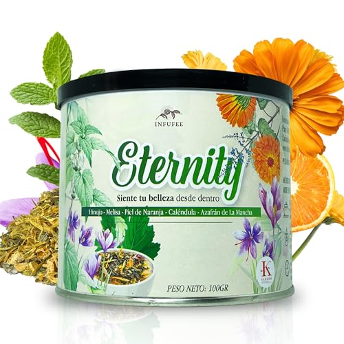Infusión Natural Eternity Belleza y Piel Radiante – Sin Teína – con Azafrán, Caléndula, Melisa y Naranja – Antioxidante, Detox y Regeneradora – Lata 100g