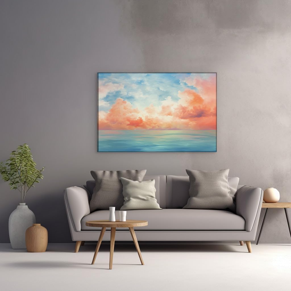 Canvas for Living room. Serenity at Sunset: A Digital Seascape Where Sky and Sea Unite in Tranquility, 27 x 18 inch Canvas Wall Art - Ready to Hang - 69x46 cm (27x18 inch)
