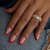 Red French Tip Nails Short Almond Press Ons Glue Ons DIY Acrylic Gel Nails, Natural Thick Extra Short Fake 30Pcs 15 Sizes