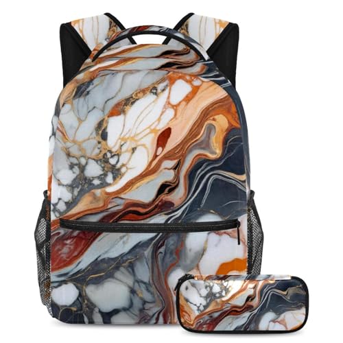 Cartable texture marbre grand volume anti-mal de dos avec trousse pour collégien et lycéen