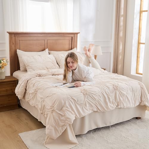 Image of Beige Comforter Set Full Size Bed in A Bag 7 Piece Pinch Pleat Bedding Set,Pintuck Ruched Flowers Bed Set with Comforter, Sheets, Pillowcases & Shams