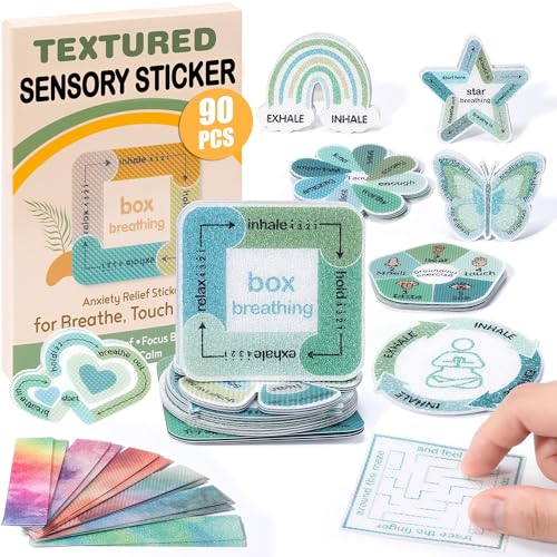 90 Pcs Calm Stickers for Anxiety Sensory Strips - Stress Anxiety Relief Fidget Strips for Kids, Mindfulness Box Breathing Textured Stickers for Adults Mood Calming at Classroom Desk Therapy Office