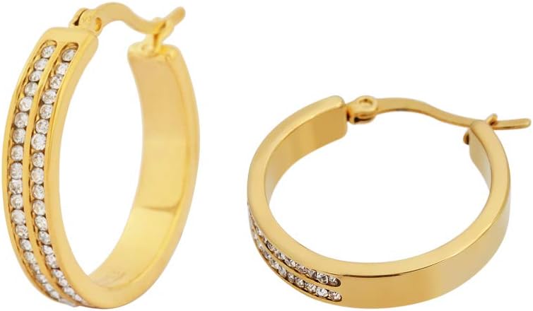 Edforce Stainless Steel Women's 2 Rows of AAA Cubic Zirconia Stones Outlined Classic Hoop Earrings - Image 2