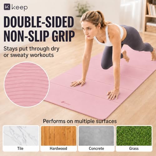 KEEP Foldable Yoga Mat, 7mm Thick High Density TPE Exercise Mat, Double Sided Non-Slip Folding Fitness Mat for Home Gym Workouts, Pilates and Stretching, Lays Perfectly Flat, Pale Pink - 5