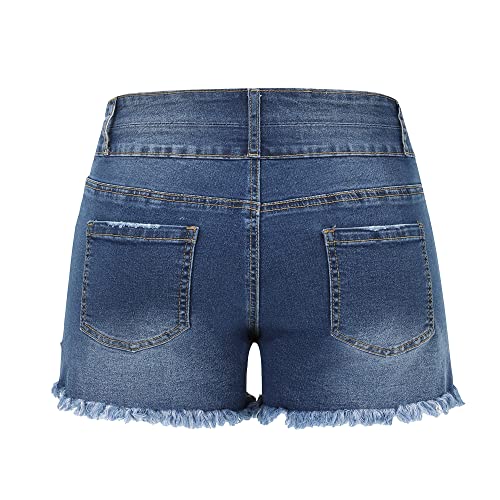 Image of THUNDER STAR Women Mid Rise Ripped Stretchy Jeans Shorts Frayed Raw Hem Casual Denim Shorts