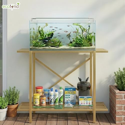 Image of ecofynd 2-Tier Fish Tank Stand, Double-Layer Aquarium Stand with Adjustable Table Feet, Heavy Metal Storage Rack Suitable for Home and Office, (Gold, FS-PS049)