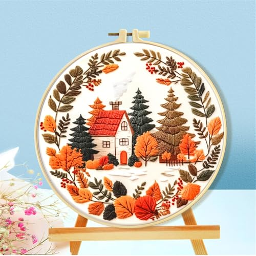 Image of Huacan Embroidery Kit for Beginners Adults Includes Stamped Flower Pattern, Hoop, Color Threads,Tools,Easy to Follow Instruction (House)