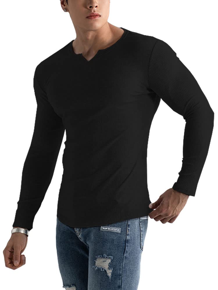 T-shirt Thermique Homme Col V – Manches Longues Côtelées – Sous-vêtement Chaud – Coupe Ajustée – Fibres Végétales