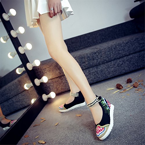 Qhome Women's Floral Peony Embroidery Ethnic Style Strappy Comfortable Casual Walking Canvas Flat Shoes4