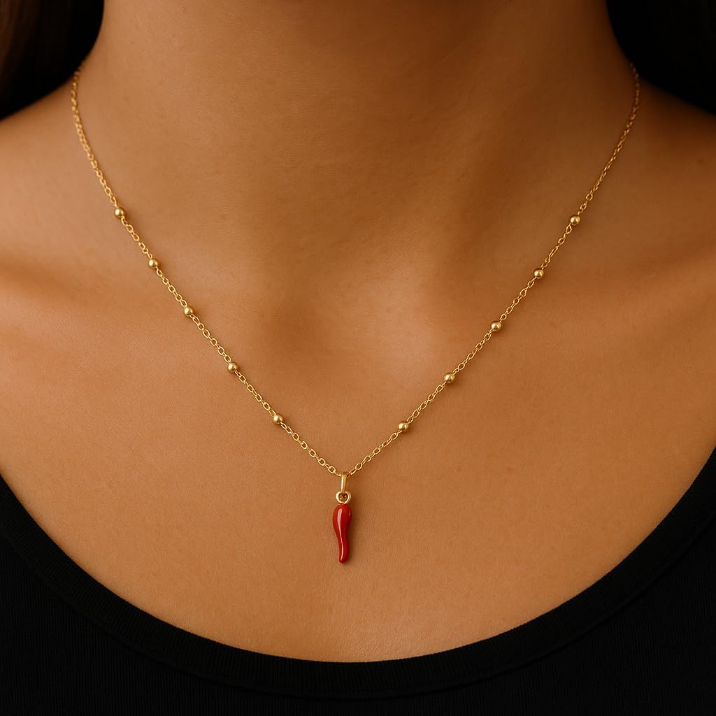14K Gold Plated Italian Horn Necklace - Dainty Italian Cornicello Necklace – Gold Laminated Rosary Chain – 16”+1.5” – Good Luck Talisman Jewelry for Women - Made in Brazil - Image 3