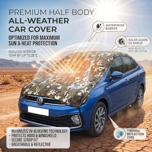 Image of Pivalo Half Car Body Cover for Sedan Cars (All Models & Years) | 100% Waterproof Outdoor UV & Heat All Weather Protection | Triple Stitched 3 Layer with Adjustable Straps Cover (Military /Army)