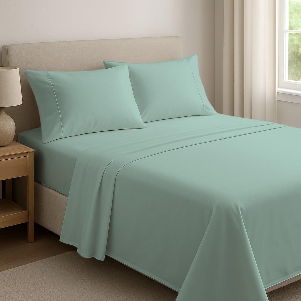 Dreema Novexa 4Pcs 100% Egyptian Cotton Single Bed Sheet Set – 1 Fitted Sheet, 1 Flat Sheet & 2 Pillowcases – 400 Thread Count, 40cm Deep, Wrinkle Resistant, Hotel Quality Duck Egg Bedsheets — image 1