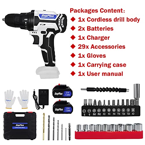 21V Cordless Drill Set Electric Driver Kit Power Drill Tool, 2 Variable Speeds, 3/8'' Keyless Clutch, 25+1 Torque Setting, 2 Batteries, 1 Charger, 29 Pcs Drill/Driver Bits And Storage Case #TOP6