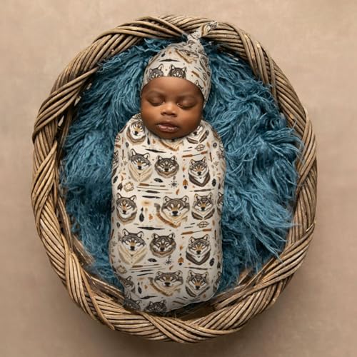 Image of Wolves Arranged Newborn Swaddle Blankets Hat Sets Soft Baby Receiving Blanket Swaddle Sack for Baby Shower Infant Boy Girl Gift