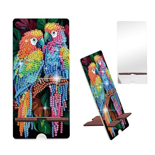 Image of Parrot Diamond Painting Phone Stand with Mirror, DIY Wooden Diamond Art Desktop Phone Holder, 2-in-1 Crystal Rhinestone Diamond Painting Craft and Tabletop Mirror