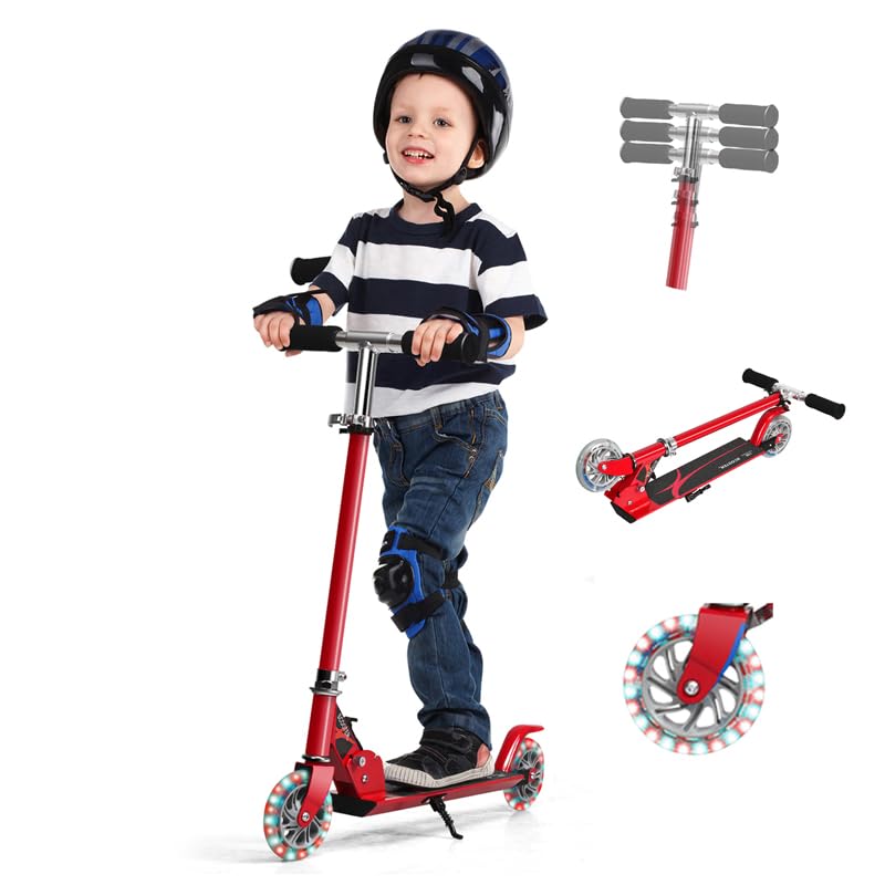 GOPLUS - Patinete infantil plegable, 2 ruedas luminosas, mango de altura ajustable, con freno en rueda trasera para niño, 4 – 13 años, carga máxima 70 kg, 70 x 10 x 63 – 86 cm