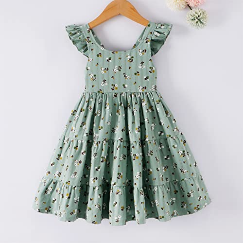 Toddler Baby Girl Floral Casual Dress Flutter Sleeve Princess Dress Flower Print Sundress Kids Summer Outfit Clothes (Green-A, 2-3T) #TOP6