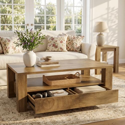 Image of Tribesigns Coffee Table with Storage, 120 cm Large Rectangle Coffee Table with 2 Drawers & Open Shelf, Mid Century Modern Wood Living Room Center Tea Table or Apartment, Office, Rustic Brown