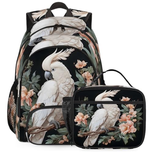 Flower Bird Large Backpack Set with Lunch Box Lightweight Water Resistant White Birds Travel Laptop Backpacks Casual Daypacks