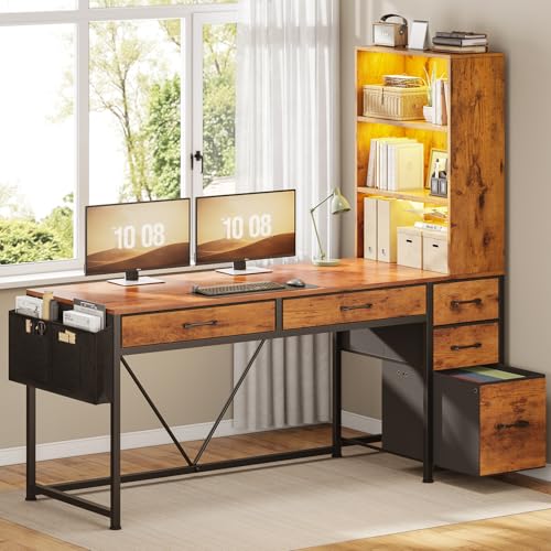 Image of SEDETA Computer Desk with 5 Drawers and Bookshelf, Reversible Home Office Desk with Storage Shelves and File Drawer, Gaming Corner Desk with LED Lights for Small Spaces, Rustic Brown