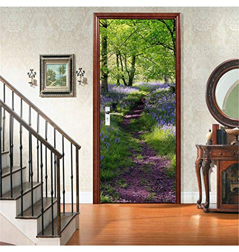 HSKABA Sticker Porte Affiche Autocollante Effet 3D,Poster Trompe l'œil pour Porte,Chemin de Lavande en Forêt,Déco Murale Qualité HD (77x200cm) Cover