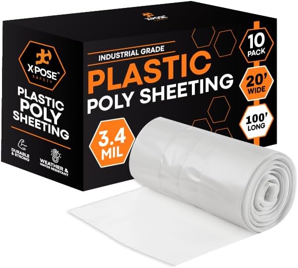- Xpose Safety Clear Plastic Sheeting 10 Pack – 20' x 100' Rolls – Heavy Duty 3.4 Mil Poly Sheet – Waterproof, Dustproof, Vapor Barrier – for Construction, Painting, Industrial Use
