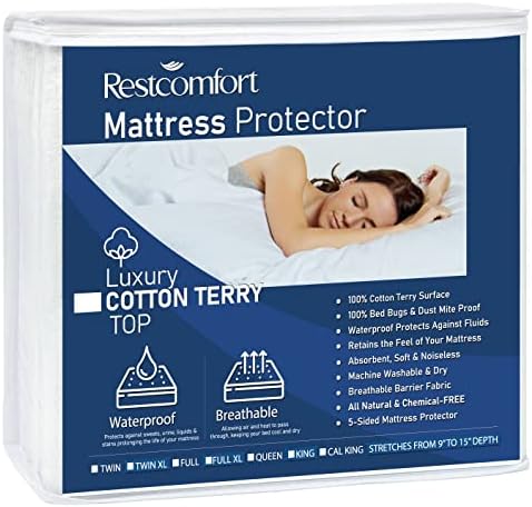 Luxury Cotton Terry Top Mattress Protector Hypoallergenic - Dust Mite and Bed Bug and Water Resistant - Rest Comfort (Twin)