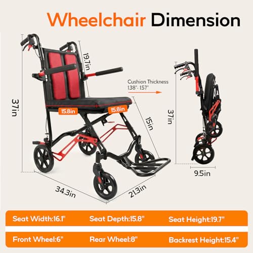 Rollstühle für Erwachsene, Transportrollstuhl, leicht, faltbar (nur 1 Sekunde), ultraleichter Rollstuhl mit Nach Hinten Faltbare Armlehnen, Aluminiumrahmen, ideal für Senioren und Reisen