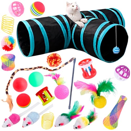 Kit Túnel para Gatos com 3 Saídas, Preto e Rosa, Preto e Azul, 22 Brinquedos Inclusos com Bolinhas,