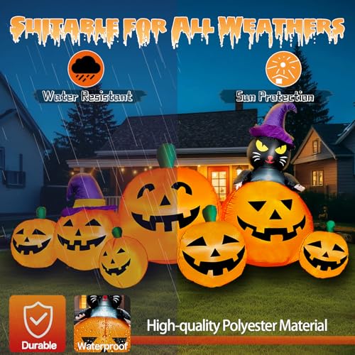 Image of 8 FT Long Halloween Inflatables Pumpkin Outdoor Decorations, 7 Pumpkins Outside Decoration with Black Cat with Build-in LEDs Blow Up Inflatables for Party Yard Lawn Garden Decor