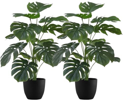Image of Dekorly Plastic Fake Plants Artificial Floor Plants Large Tropical Palm Tree Tall Monstera Plant in Pot Faux Plants for Indoor Outdoor Home (Monstera | Black Pot, Pack of 2)