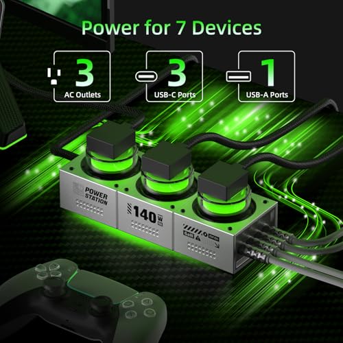Image of MFish 140W GaN Desktop Charging Station - RGB Gaming Power Hub, 7-in-1 Multi-Device PD 3.1 Fast Charger (3 AC Outlets + 3 USB-C + 1 USB-A Ports) for MacBook Pro, Gaming Setup & Creator Workstation